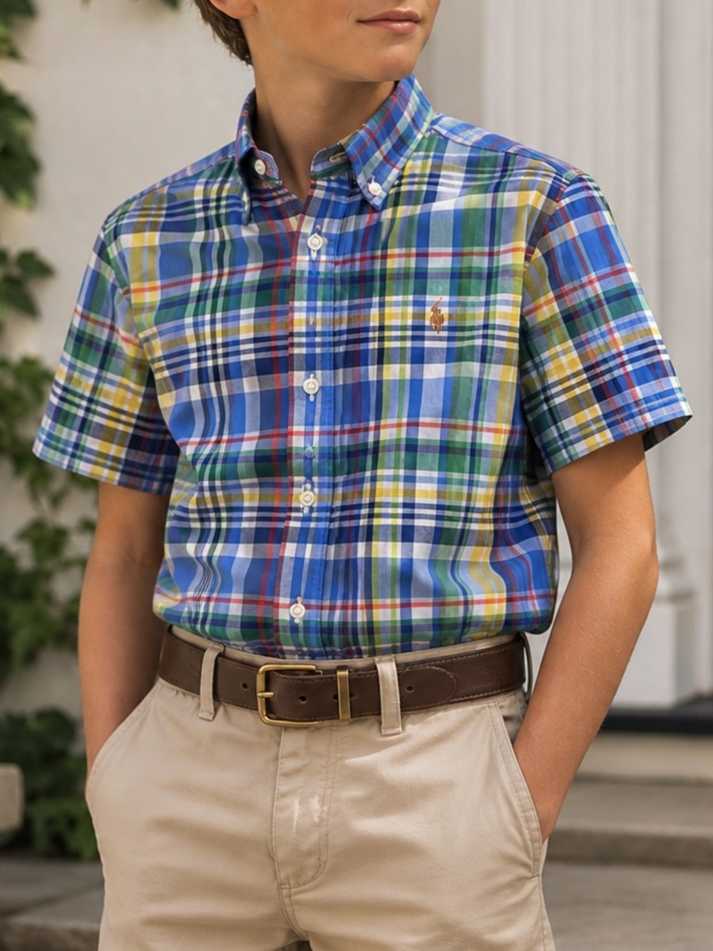 Polo Ralph Lauren Boys Madras Plaid Short-Sleeve Button-Down Flesh Pony Preppy